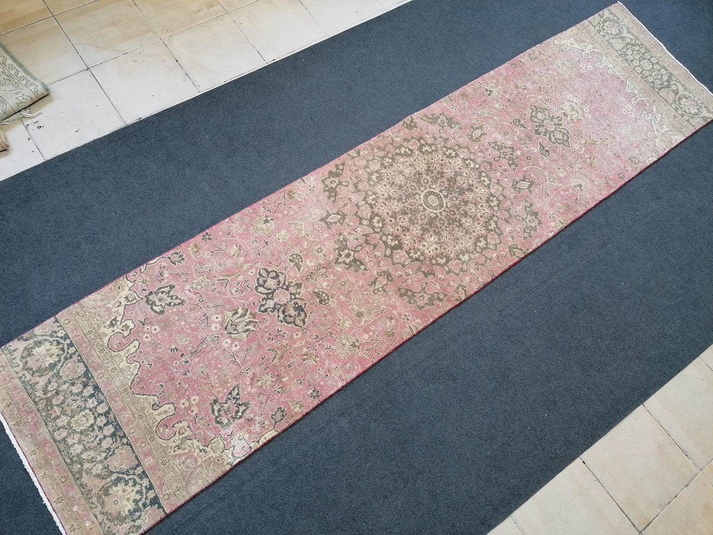 Turkish runner rug 2.7 x 10.7 pink runner rug, vintage oushak runner