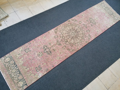 Turkish runner rug 2.7 x 10.7 pink runner rug, vintage oushak runner