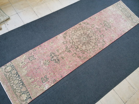 Turkish runner rug 2.7 x 10.7 pink runner rug, vintage oushak runner