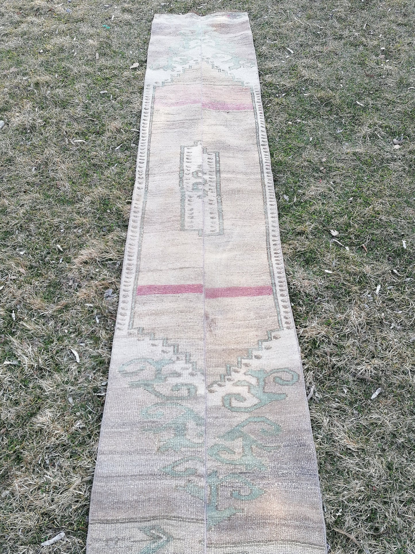 Turkish patchwork runner rug 2.2 x 11 neatural runner rug, vintage oushak rug,