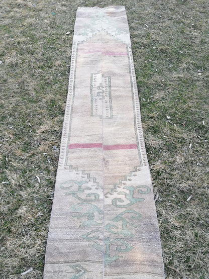 Turkish patchwork runner rug 2.2 x 11 neatural runner rug, vintage oushak rug,