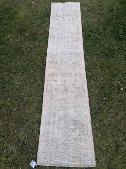 2.4 x 11 distressed vintage runner rug, muted  turkish runner rug,