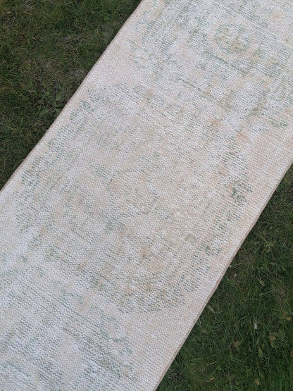 2.4 x 11 distressed vintage runner rug, muted  turkish runner rug,
