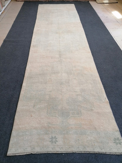 3.3 x 12.9 Turkish runner rug, vintage oushak runner rug,kitchen runner rug, hallway runner rug, Handmade runner