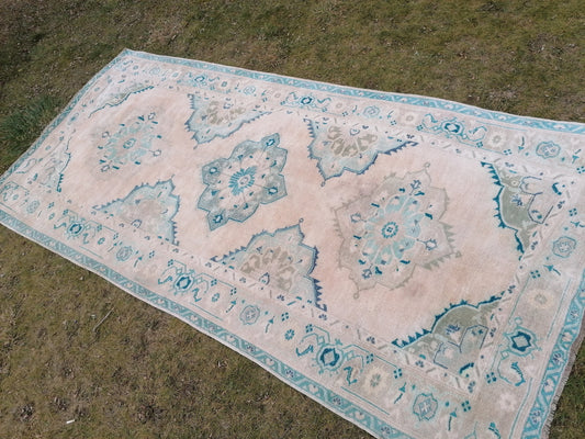 5.4 x 10.8 Oushak wool rug  long faded blue oushak runner rug vintage runner, hallway runner, kitchen runner rug