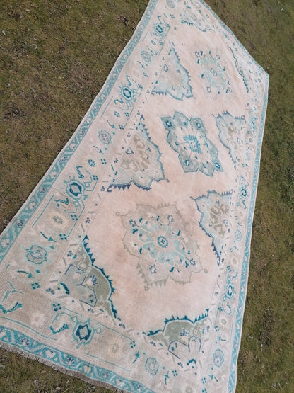 5.4 x 10.8 Oushak wool rug  long faded blue oushak runner rug vintage runner, hallway runner, kitchen runner rug