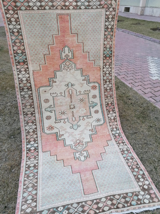 Muted soft colors rug 3.8 x 7.3  faded turkish rug, vintage turkish rug, soft oushak vintage rug