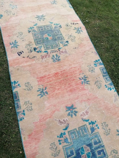 3 x 12 Turkish wool runner rug, blue runner rug, vintage runner rug, kitchen runner rug,hallway runner rug, oushak runner