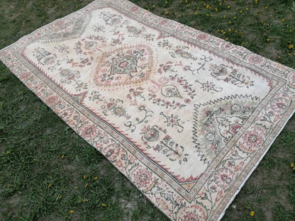 5.8 x 9.5 Oushak rug, large pastel vintage wool rug  hand made rugs, turkish living room rug