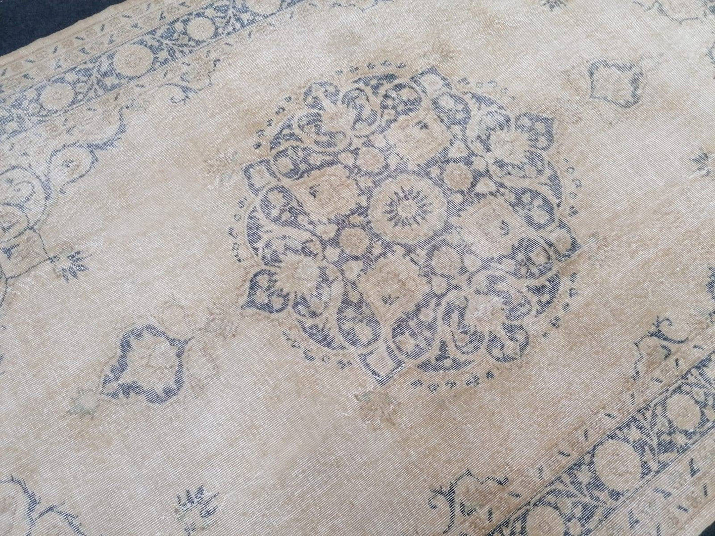 7 x 10.2 large oushak rug, vintage blue rug, muted turkish rug, hand made vintage wool rug,