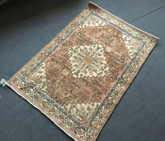 3.4 x 5 feet handmade natural brown area rug, vintage medium size rug