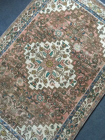 3.4 x 5 feet handmade natural brown area rug, vintage medium size rug