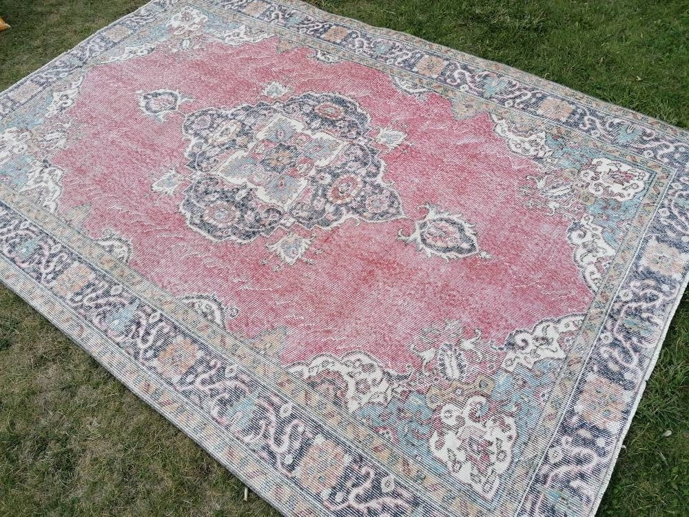 6x9  vintage rug, pastel oushak wool rug  distressed unique hand made rug, living room rug