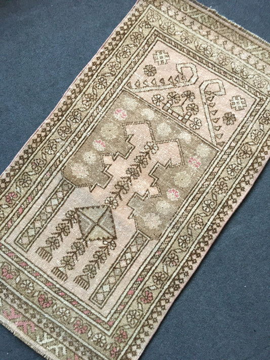 2x4 feet vintage brown bedroom small rug, turkish handmade wool pink bathroom small rug, living room area mini rug, oushak small laundry rug
