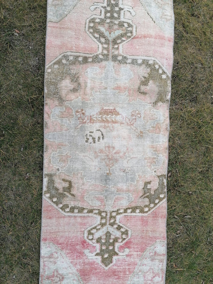 Oushak wool runner 2.2 x 7 distressed turkish rug, vintage runner ,  vintage anatolian rug