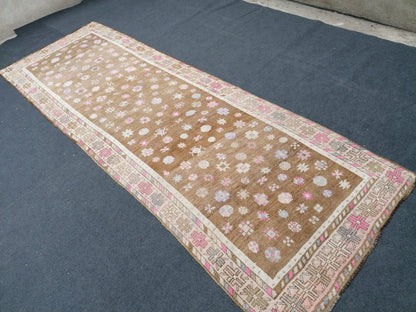 4.4 x 11 neutral oushak turkish runner rug, vintage turkish runner rug, oushak vintage rug, vintage rug