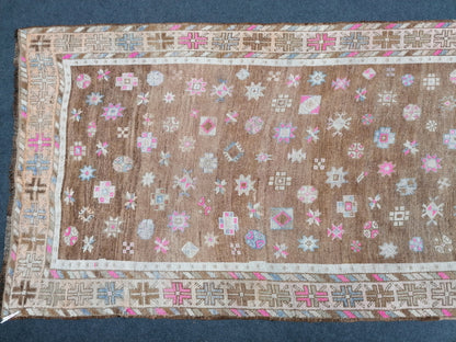 4.4 x 11 neutral oushak turkish runner rug, vintage turkish runner rug, oushak vintage rug, vintage rug