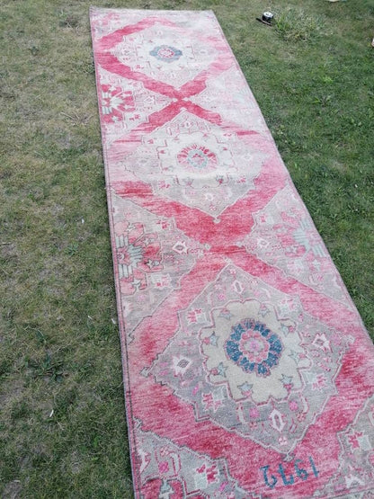 3 x 10.2 Oushak runner, turkish wool runner rug, vintage hallway runner unique hand made wool rug kitchen runner rug,