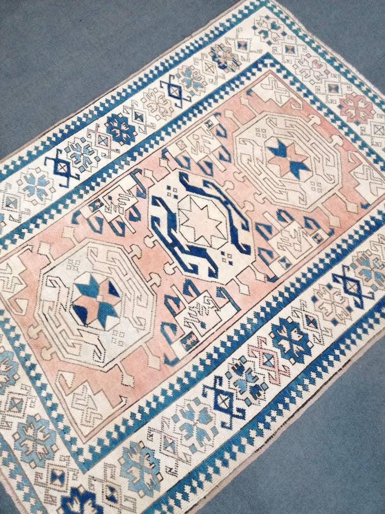 4.7 x 6 Oushak rug, blue turkish rug vintage rug  vintage oushak rug unique hand made rug kitchen rug bohemian rug