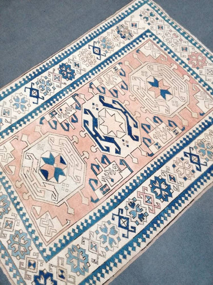 4.7 x 6 Oushak rug, blue turkish rug vintage rug  vintage oushak rug unique hand made rug kitchen rug bohemian rug