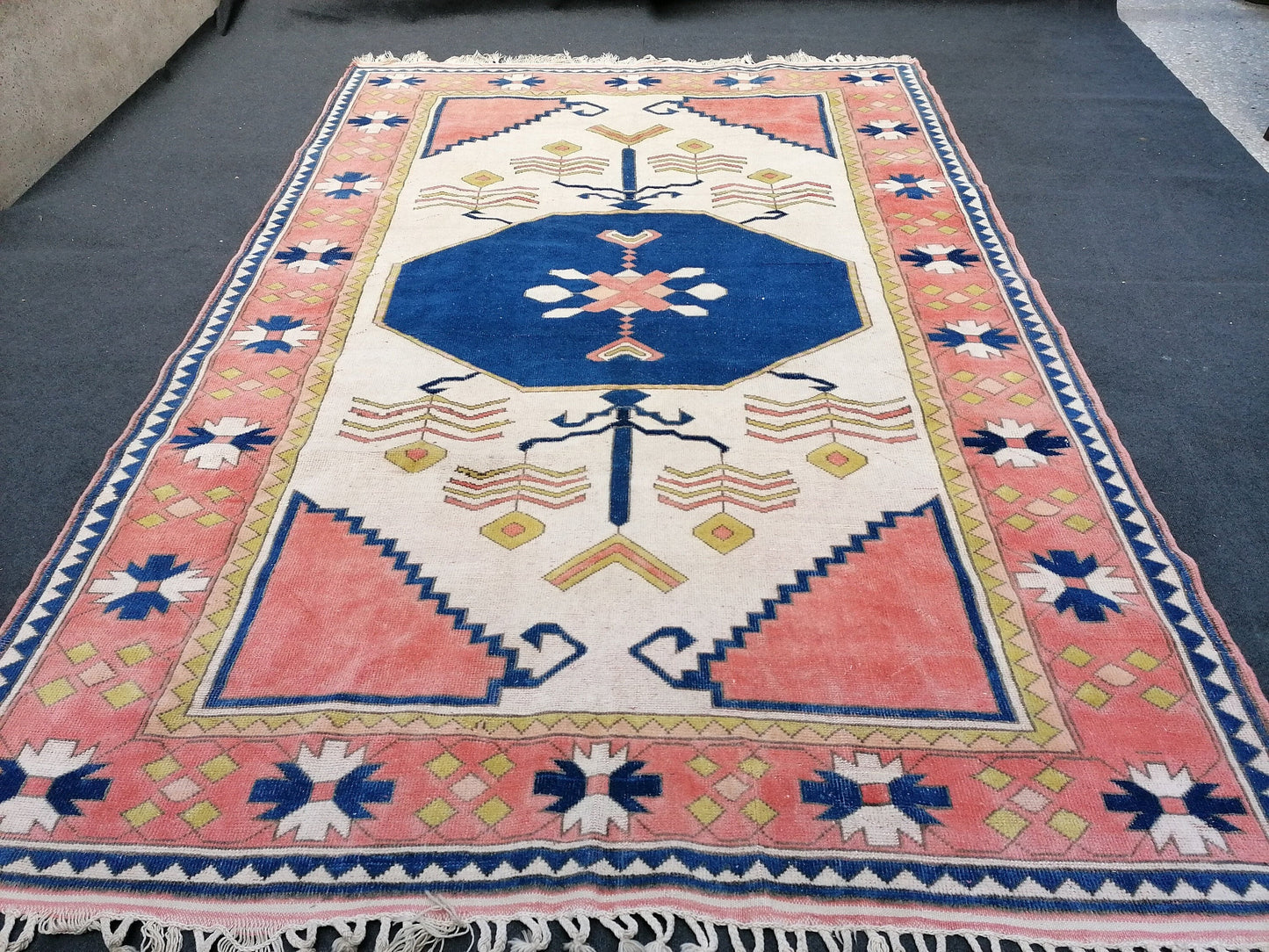 7.2 x 11 oushak wool rug, large turkish blue rug, vintage hand made rug, living room rug kitchen rug,