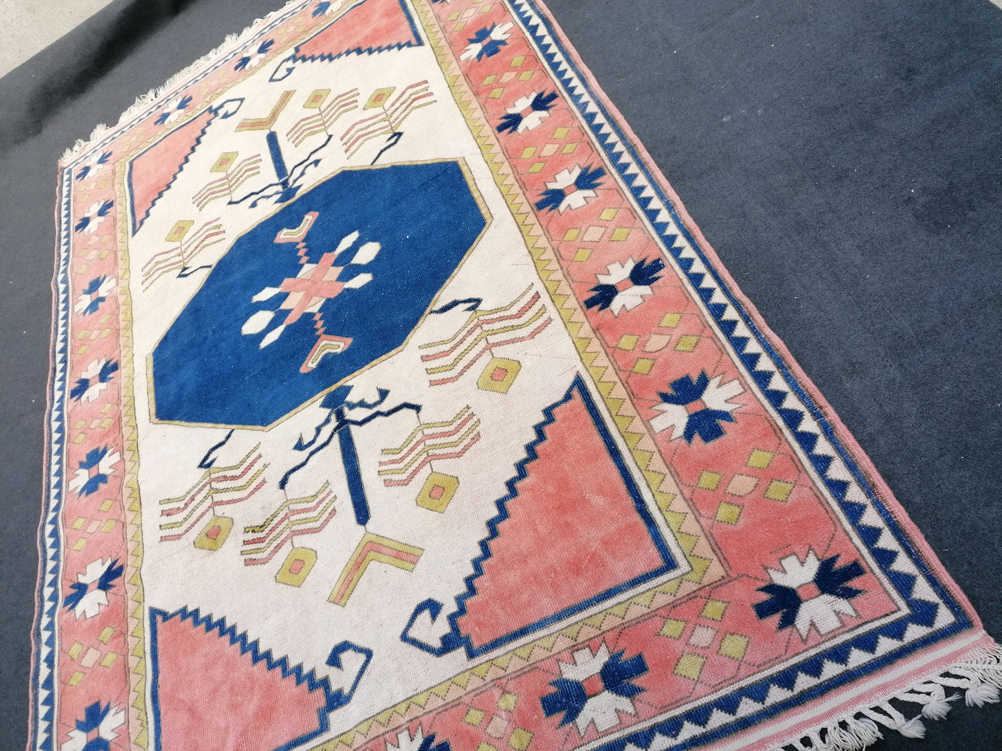 7.2 x 11 oushak wool rug, large turkish blue rug, vintage hand made rug, living room rug kitchen rug,