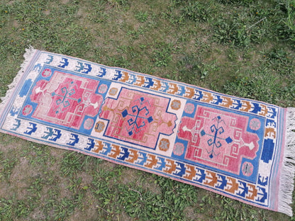 2.5 x 6.6 blue oushak runner, turkish runner rug, vintage runner rug hand made