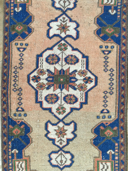 2x3 feet blue muted vintage turkish bath mat, handmade pink kitchen floor small rug, etnique wool anatolian mini rug,tiny small entryway rug