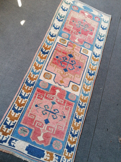 2.5 x 6.6 blue oushak runner, turkish runner rug, vintage runner rug hand made