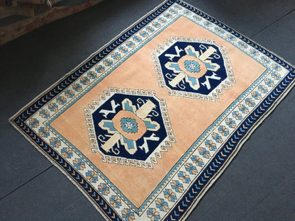 4x6 feet blue turkish bedroom middle rug, handmade orange kitchen floor large rug, vintage living room area rug, bohemian anatolian wool rug