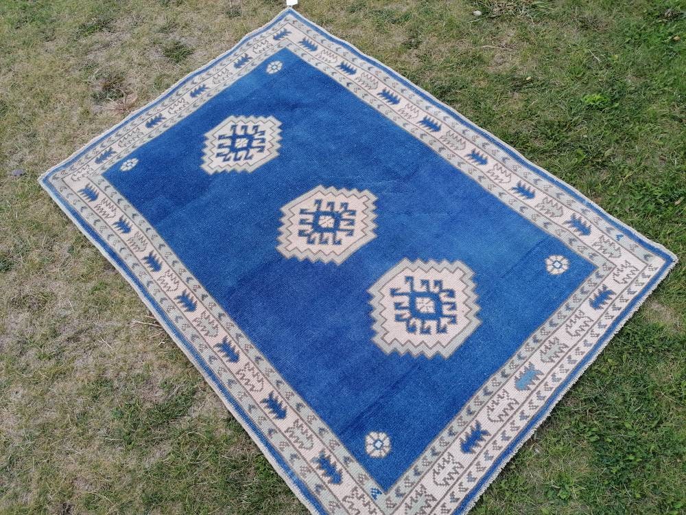 4 x 5.6 Turkish blue rug, vintage wool rug, oushak vintage rug,