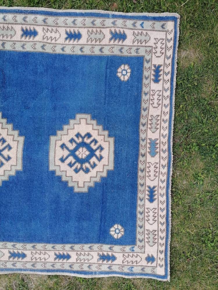 4 x 5.6 Turkish blue rug, vintage wool rug, oushak vintage rug,