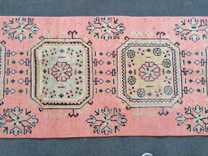 2.7 x 11.7 pink turkish runner  blue runner rug vintage green oushak runner