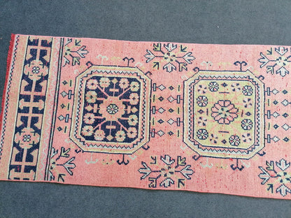 2.7 x 11.7 pink turkish runner  blue runner rug vintage green oushak runner