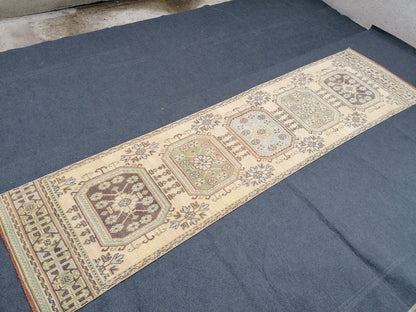 3x11 mute soft oushak turkish runner rug, vintage turkish runner rug, pastel handmade kitchen runner rug, bathroom rug, entryway runner rug