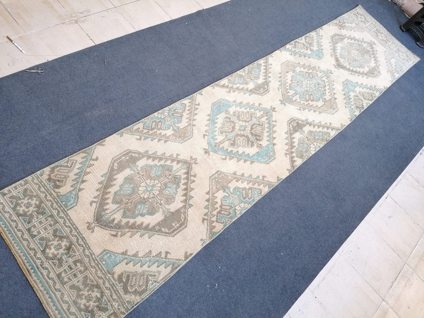 2.10 x 12.4 turkish runner rug, runner rug, vintage oushak runner rug,