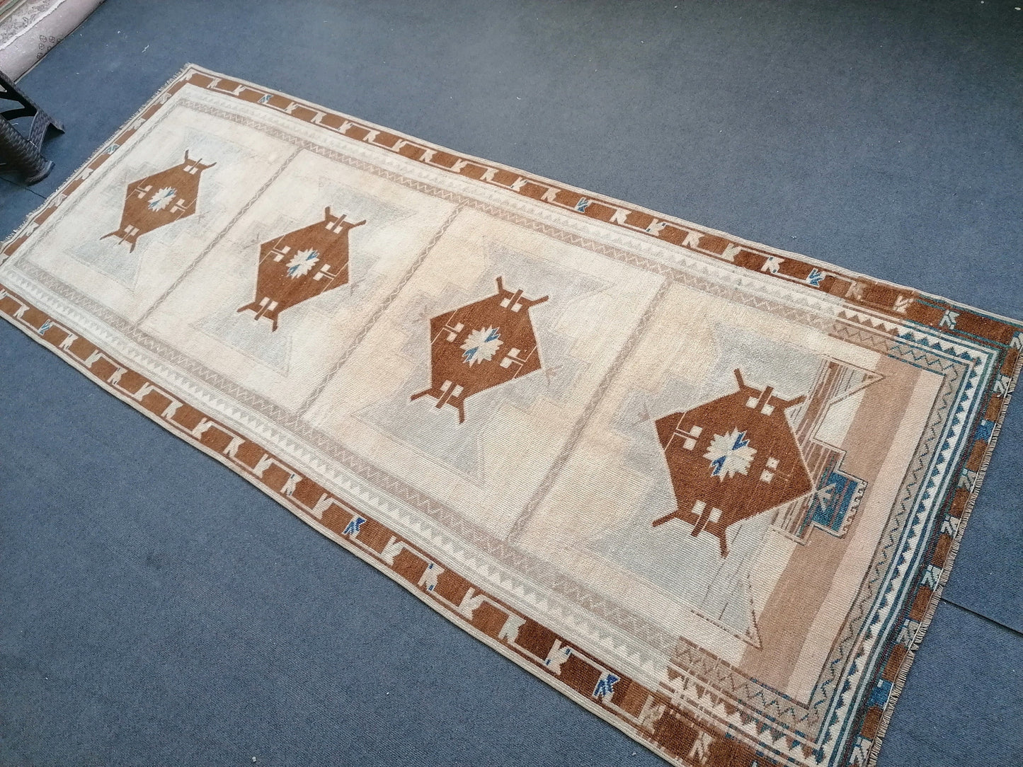 Muted oushak runner 4 x 10 vintage runner rug Turkish runner rug