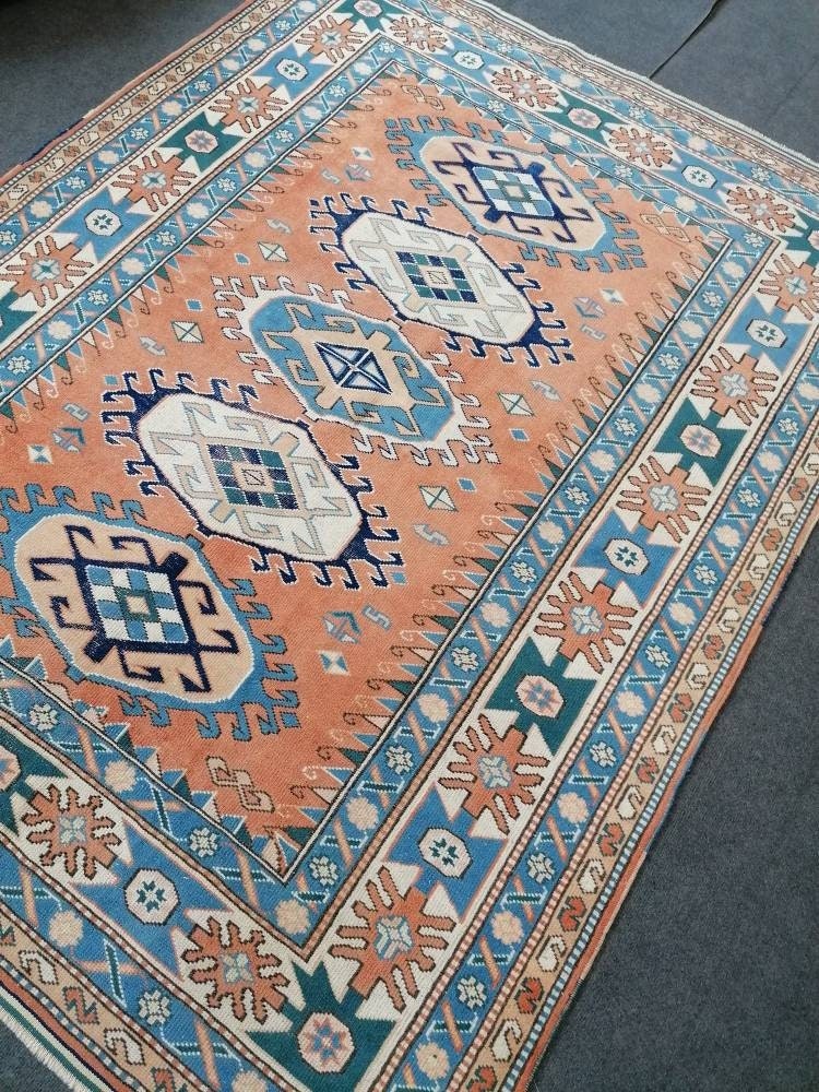 Turkish rug, vintage rug,hand made wool rug, 5.4 x 7 oushak vintage rug,