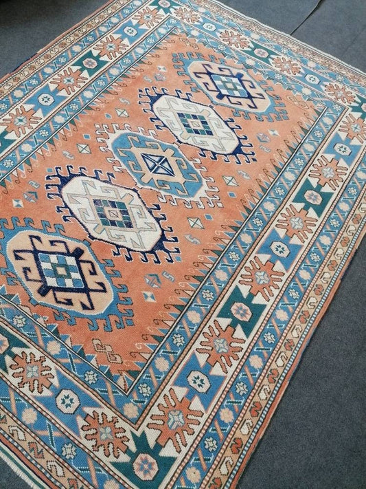 Turkish rug, vintage rug,hand made wool rug, 5.4 x 7 oushak vintage rug,