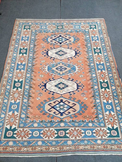 Turkish rug, vintage rug,hand made wool rug, 5.4 x 7 oushak vintage rug,