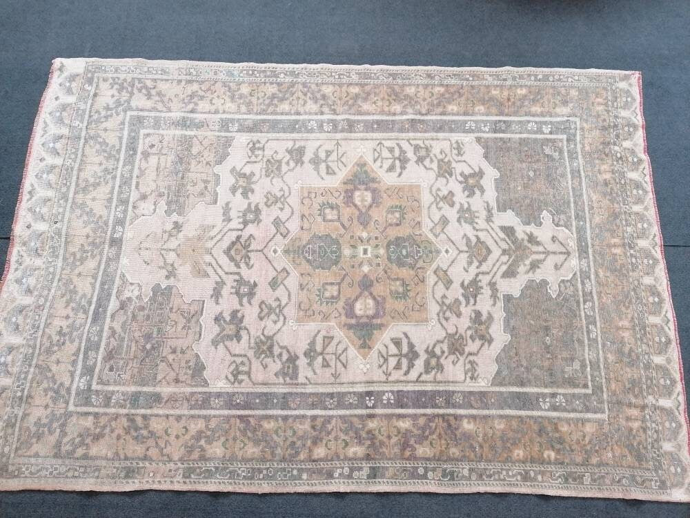 4.8 x 6.9 vintage muted rug, oushak rug, handmade turkish rug