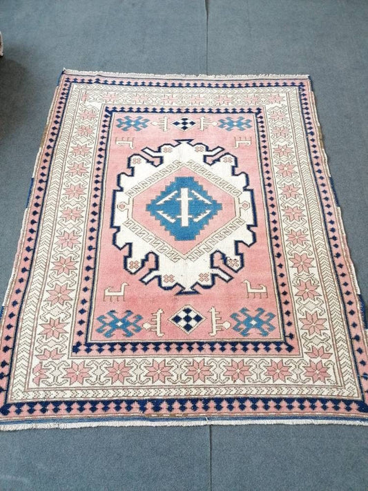 4.9 x 6 Vintage blue rug, oushak pink rug  handmade wool rug,