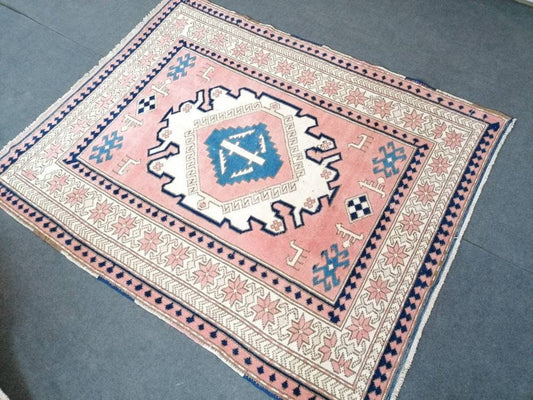 4.9 x 6 Vintage blue rug, oushak pink rug  handmade wool rug,