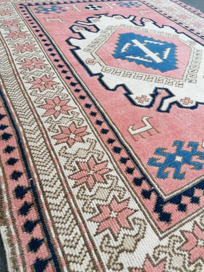 4.9 x 6 Vintage blue rug, oushak pink rug  handmade wool rug,