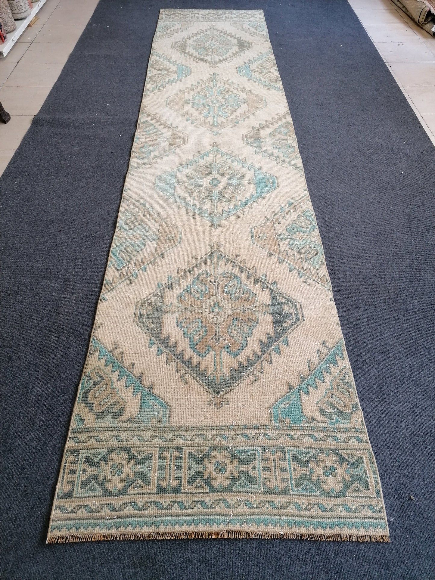 2.8 x 12 turkish runner rug, vintage runner rug, Oushak runner rug,