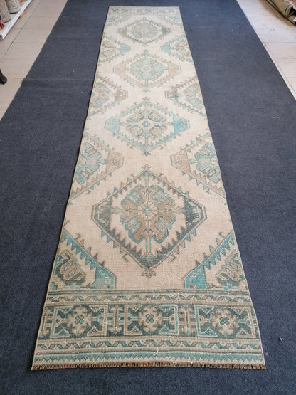 2.8 x 12 turkish runner rug, vintage runner rug, Oushak runner rug,