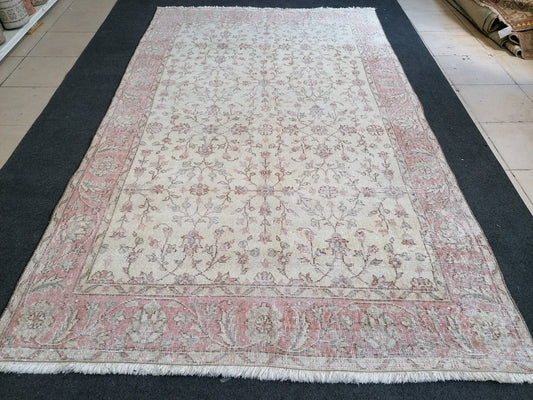 6 x 8 vintage turkish rug, muted distressed vintage rug, oushak rug,