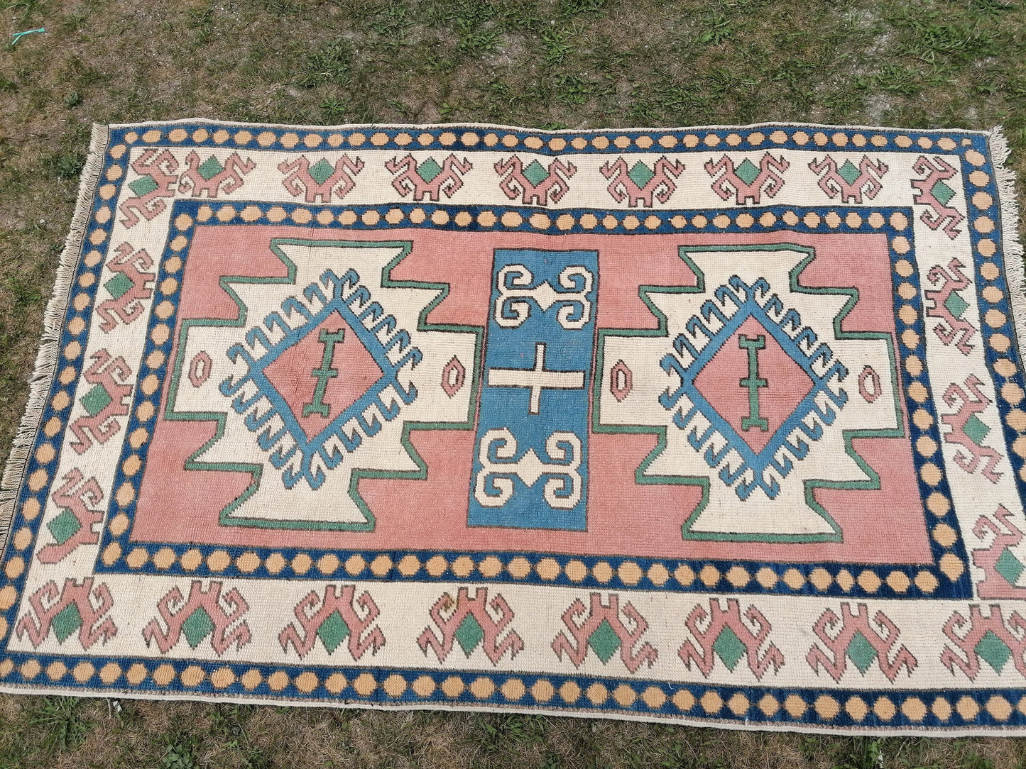 Vintage turkish blue rugs 4.5 x 6.9 oushak wool rug