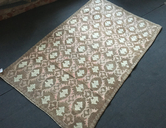 4x7 feet natural brown turkish bedroom rug, vintage pink living room floor rug, oushak handmade wide bathroom rug, laundry area medium rugs