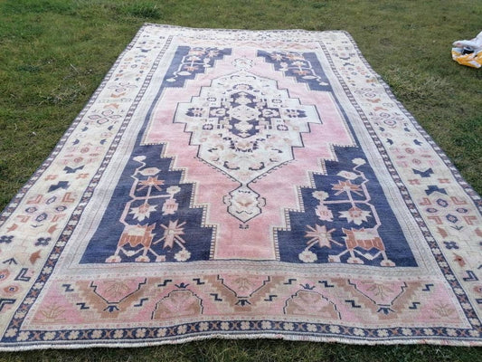 Vintage blue rug, large turkish oushak rug 6 x 9.6 handmade wool rug